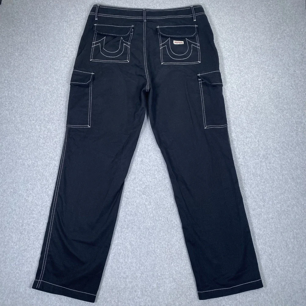 True Religion Cargo Pants Mens 36 Black White Contrast Stitch Horseshoe Logo